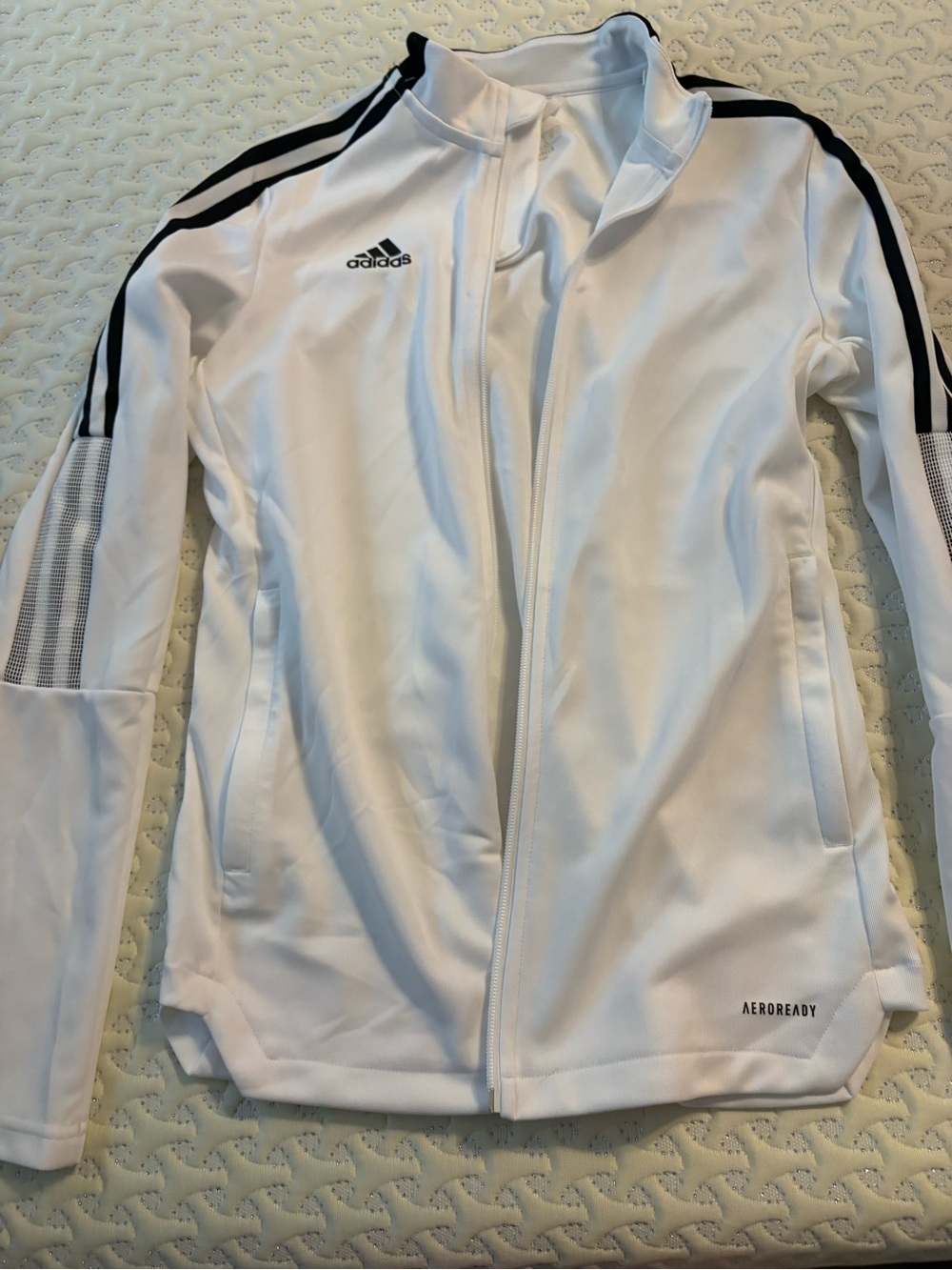 adidas White Bomber-Style AEROREADY Full-Zip Jacket with Black Stripes size s